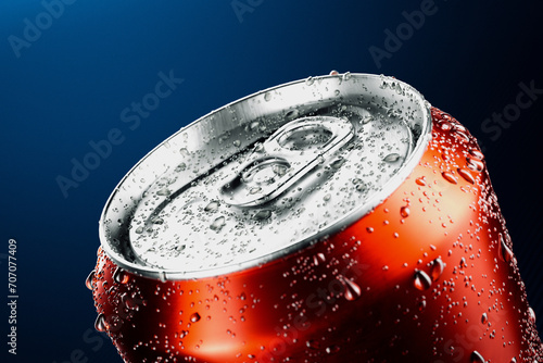 фотографія Refreshing Cold Red Soda Can with Condensation on Vibrant Blue