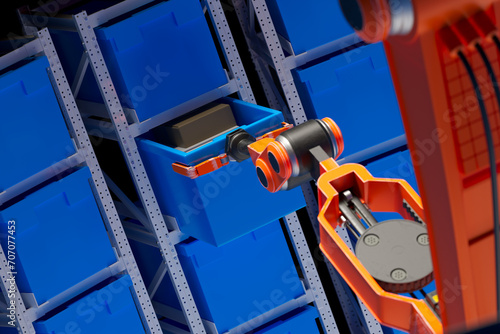 Photography Automated Robotic Arm Retrieving Blue Bin in High-Tech Warehouse