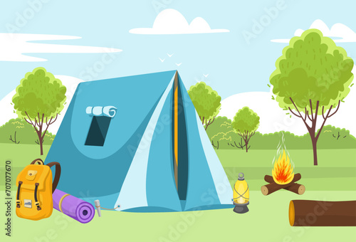 Blue camping tent set up in a green meadow with trees. Campfire, backpack, sleeping mat and lantern present. Outdoor adventure and camping activity vector illustration