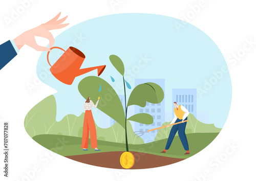 Two people gardening a money plant, giant hand watering. Investors nurture growth, finance, investment concept vector illustration