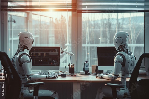A humanoid robot works in an office on a computer showcasing the utility of automation in repetitive and tedious tasks. photo