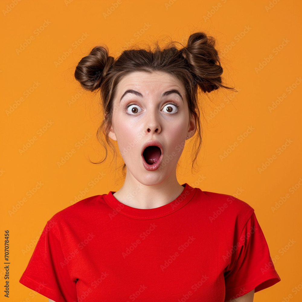 Shocked girl wearing t shirt isolated on orange background closeup, ai technology Shocked girl wearing t shirt isolated on orange background closeup, ai technology