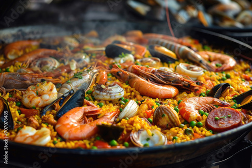 A panoramic view of a sizzling paella