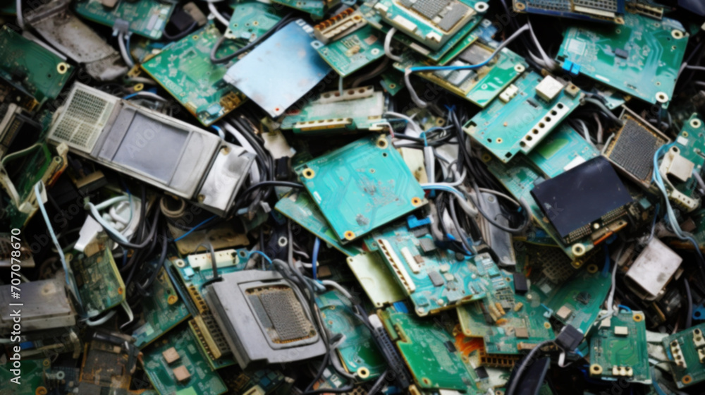 Waste full of electronics, recycling, E-waste heap from discarded laptop parts, electronics industry, eco, sorting and disposal of electronic waste concept, blurred image Waste full of electronics, recycling, E-waste heap from discarded laptop parts, electronics industry, eco, sorting and disposal of electronic waste concept, blurred image