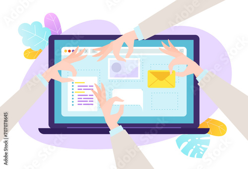 Hands collaborating on a digital tablet interface design. Teamwork in digital marketing and website development. Creative web design process vector illustration