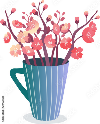 Spring flowers in a blue striped mug. Cherry blossoms in a cup. Floral decora...