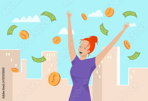 Redhead woman in blue dress excitedly catches falling money bills, coins in city. Financial success and happiness vector illustration. Joyful person celebrates sudden wealth and abundance