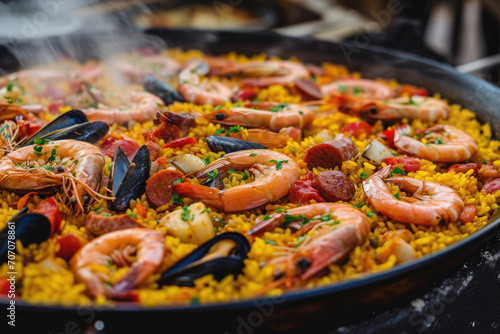 A panoramic view of a sizzling paella