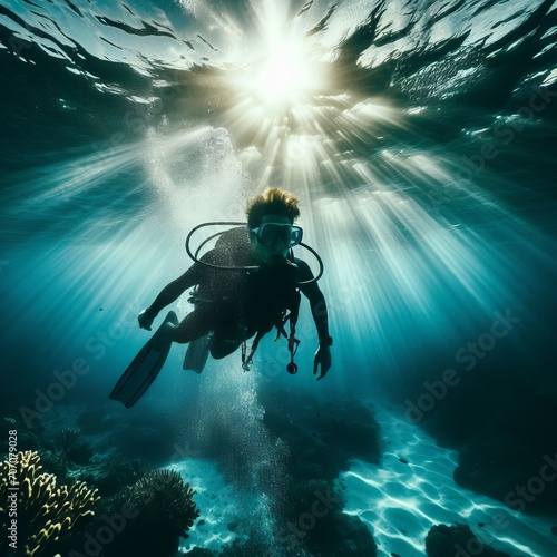 A scuba diver swimming towards the surface of the water with a sun beam shining through the water above them.