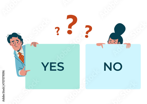 Man and woman peeking behind signs with words YES and NO. Cartoon characters with question marks, making decision vector illustration
