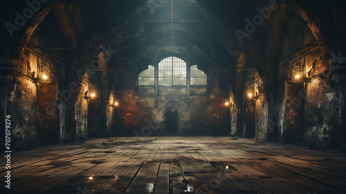 Abandoned vintage grunge atmospheric building background, old-fashioned interior with stone walls