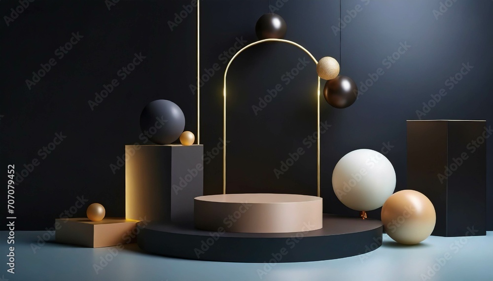 Podium with geometrical figures and balls for product promotion Podium with geometrical figures and balls for product promotion