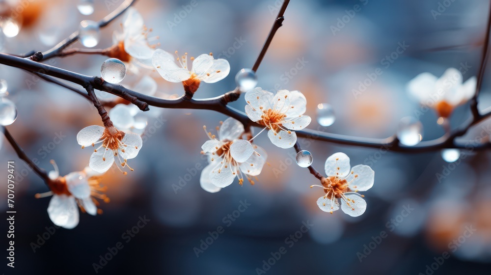 Wet twigs with blurred light and nature background