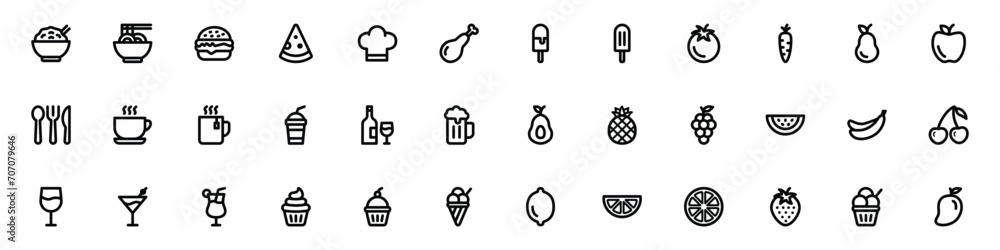 Food and drinks icon. Restaurant line icons set for web and mobile apps - obrazy, fototapety, plakaty 