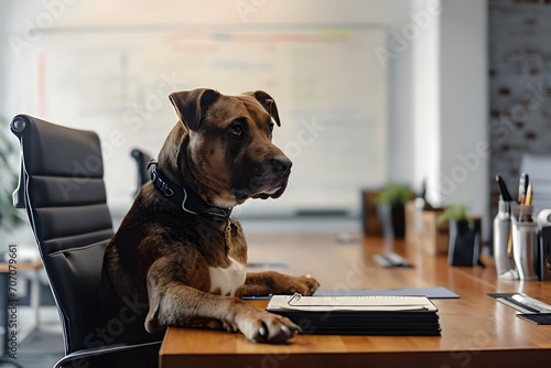 Funny dog in meeting room. Business dog in office workplace.