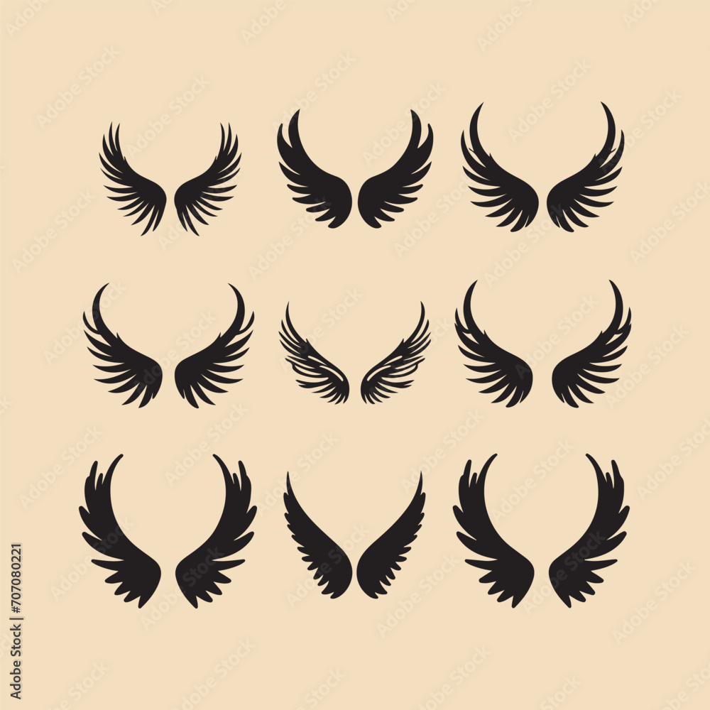 Angel or bird wing flat black icon silhouette Angel or bird wing flat black icon silhouette