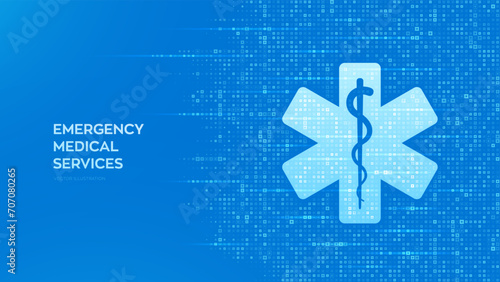 Emergency medical services icon on blue medical background made with cross shape symbol. Emergency call. Online medical support. Medicine and healthcare application. Vector illustration.