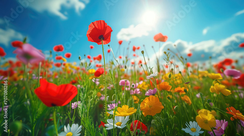 Spring landscape with wildflowers  cornflower  poppies and daisies among the grass  beautiful idyllic rural  countryside landscape.