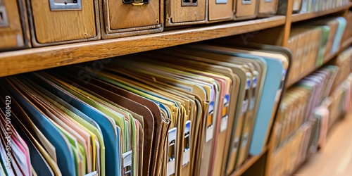 A cabinet filled with file binders and documents in close-up photo