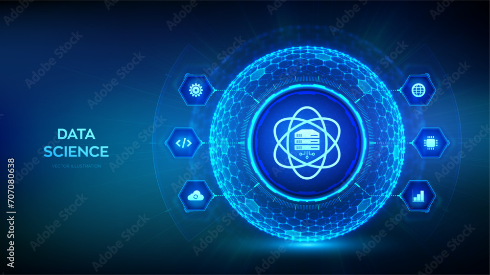 Data Science. Deep learning. Artificial intelligence, Analysis. Big data. Machine learning. Computer science technology concept in the shape of sphere with hexagon grid pattern. Vector illustration. Data Science. Deep learning. Artificial intelligence, Analysis. Big data. Machine learning. Computer science technology concept in the shape of sphere with hexagon grid pattern. Vector illustration.