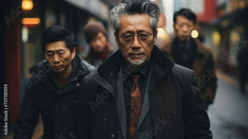 Asian man, portrait and mafia boss or senior, entrepreneur and bodyguards in city street. Serious, looking and urban scene with male wearing a black clothes for leadership, gangster and success © BotStarter/Peopleimages - AI