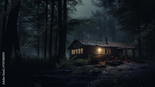 Cabin very dark woods night house photography image Ai generated art