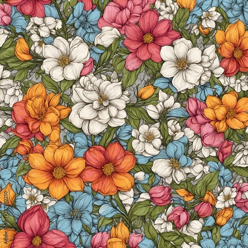 Spring pattern with vibrant flowers over blue background