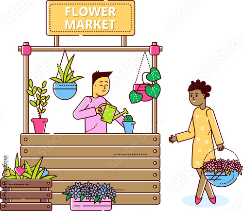 Vendor watering plants at a vibrant flower market stall, female customer browsing. Urban gardening, floral business vector illustration.