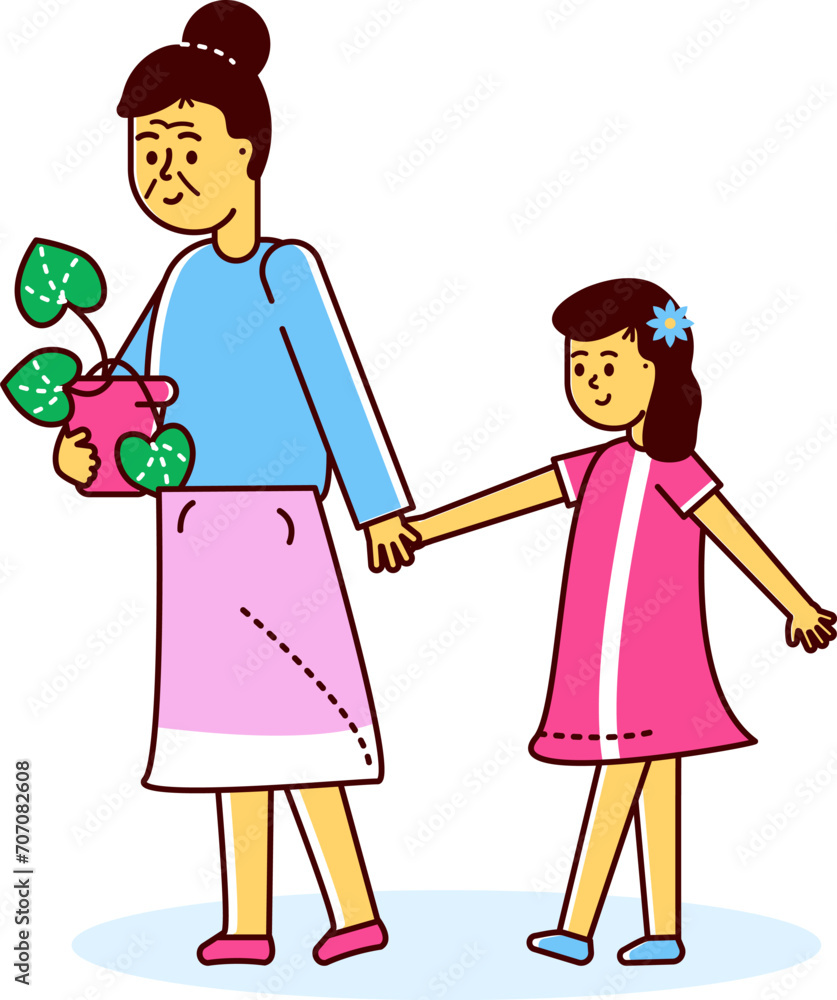 Mother and daughter walking together, holding hands, happy child. Cartoon family time, motherhood care, parenting. Vector illustration Mother and daughter walking together, holding hands, happy child. Cartoon family time, motherhood care, parenting. Vector illustration