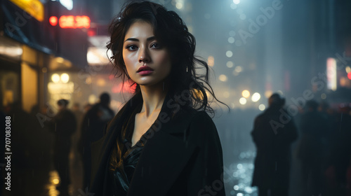 Asian woman, portrait and business with night, office and professional entrepreneur in building. Serious, looking and urban with modern female wearing a business suit for leadership and bokeh success