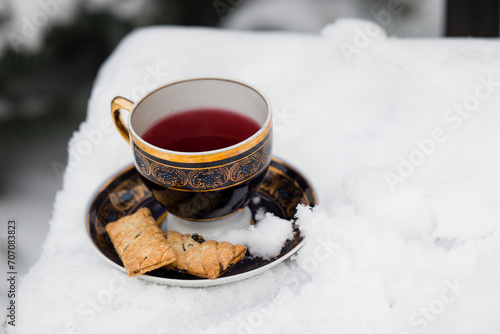a cup of tea in the snow