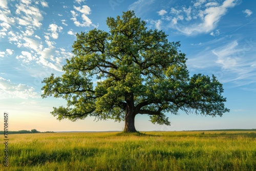 Old oak tree standing alone in a meadow