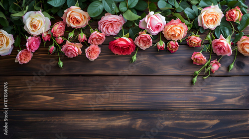 Rose Floral Border with Copy Space on a Dark Wood, Valentine's Day celebration concept  © Zohaib zahid 