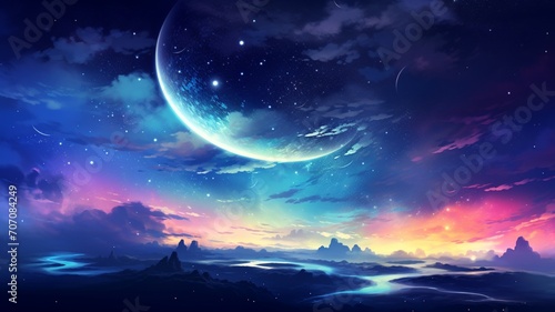 Crescent moon sky galaxy painting wallpaper image Ai generated art
