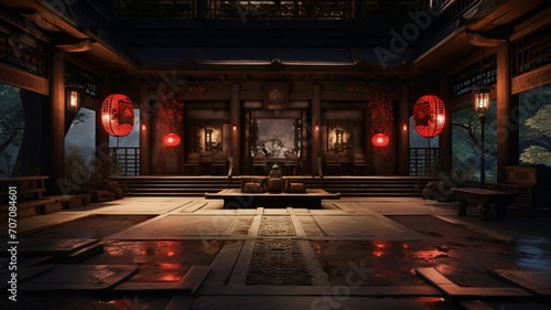 Dark alley with chinese temple background picture Ai generated art