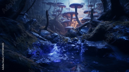 Dense forest magic blue giant mushrooms photography image Ai generated art photo