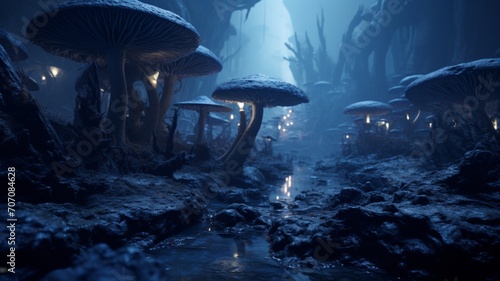 Dense forest magic blue giant mushrooms photography image Ai generated art