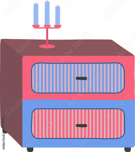 Retro style sideboard with striped drawers and candle holder. Render of colorful vintage furniture with candles. Nostalgic home decor and interior design vector illustration.