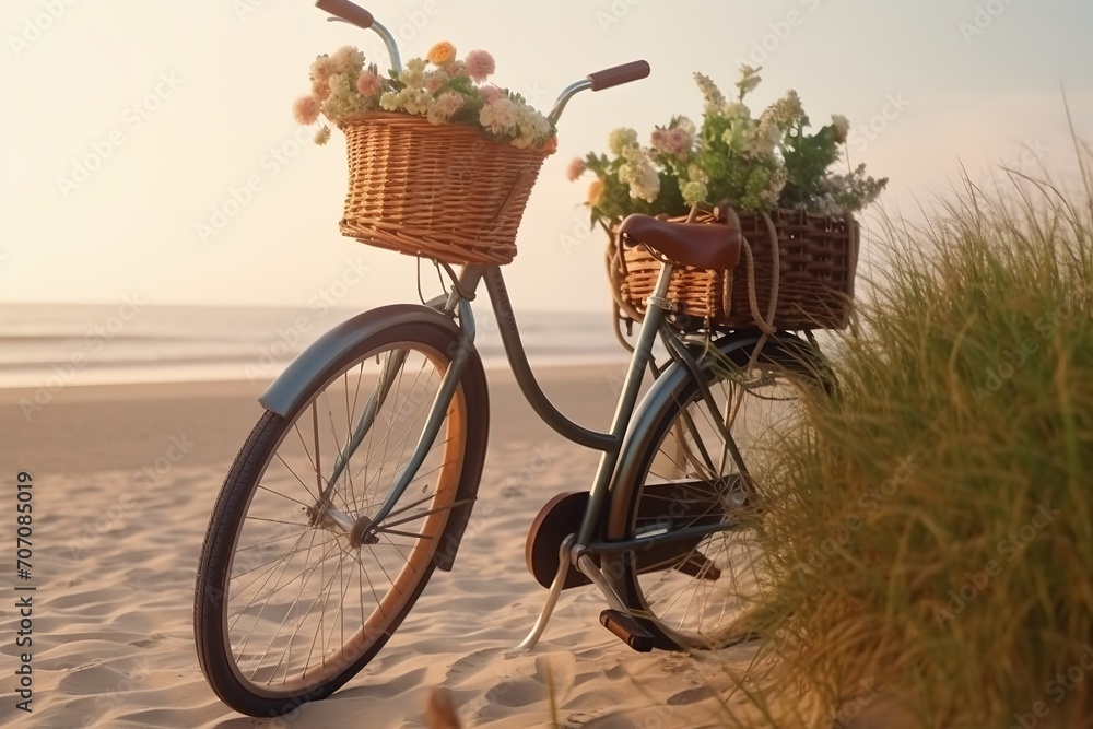 Nostalgic Coastal Charm: Vintage Bicycle Leaning Against the Seaside Serenity, Vintage Bicycle, Coastal Charm, Seaside, Nostalgic, Beach Scene, Retro, Seashore,