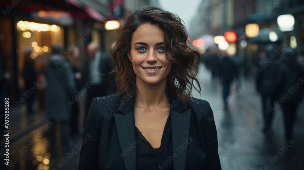 Woman, portrait and business with night, street and professional entrepreneur in city. Happy, smiling and urban with modern female wearing a business suit for leadership and bokeh success Woman, portrait and business with night, street and professional entrepreneur in city. Happy, smiling and urban with modern female wearing a business suit for leadership and bokeh success