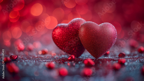 Two shiny red and pink hearts on transparent pink background as symbol of love. S. Valentines day concept. Selective focus. Generated with AI