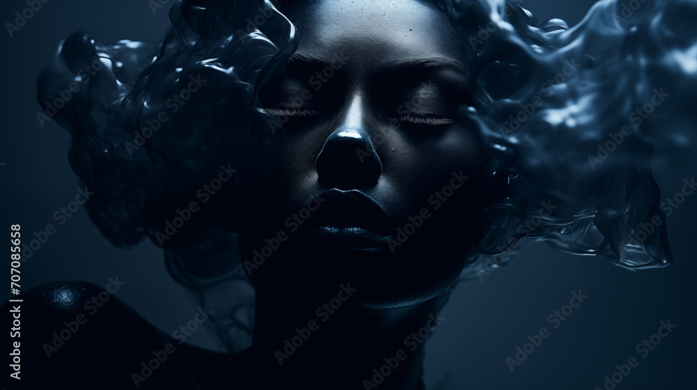 Sinnliches Portrait einer schwarzen Frau mit schwarzen abstrakten semifluiden Wellen um den Kopf. Dunkle, ruhige, meditative Stimmung. Abstrakte surrealistische Illustration