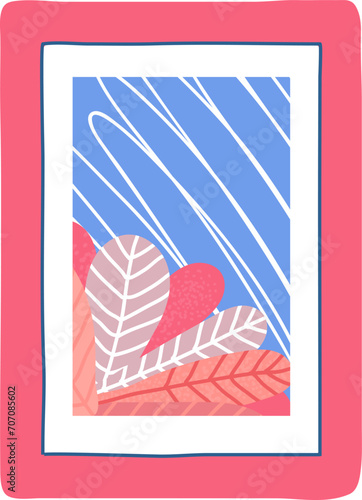 Abstract geometric shapes and plant leaves in a red frame. Modern art print w...
