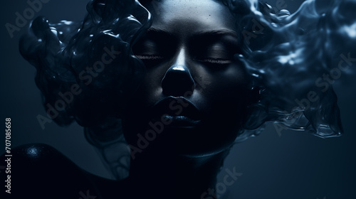 Sinnliches Portrait einer schwarzen Frau mit schwarzen abstrakten semifluiden Wellen um den Kopf. Dunkle  ruhige  meditative Stimmung. Abstrakte surrealistische Illustration