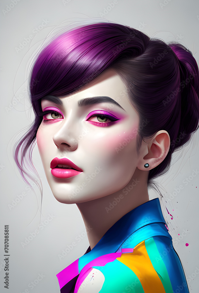 Naklejka premium Portrait of a girl, photorealistic colorful oil paints, abstract execution, painting of a woman face, Fantasy concept , Conceptual closeup of an oil painting and palette, Generative AI