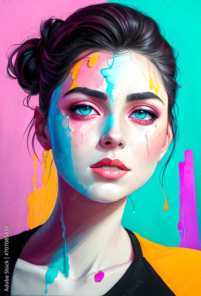 Fototapeta premium Portrait of a girl, photorealistic colorful oil paints, abstract execution, painting of a woman face, Fantasy concept , Conceptual closeup of an oil painting and palette, Generative AI