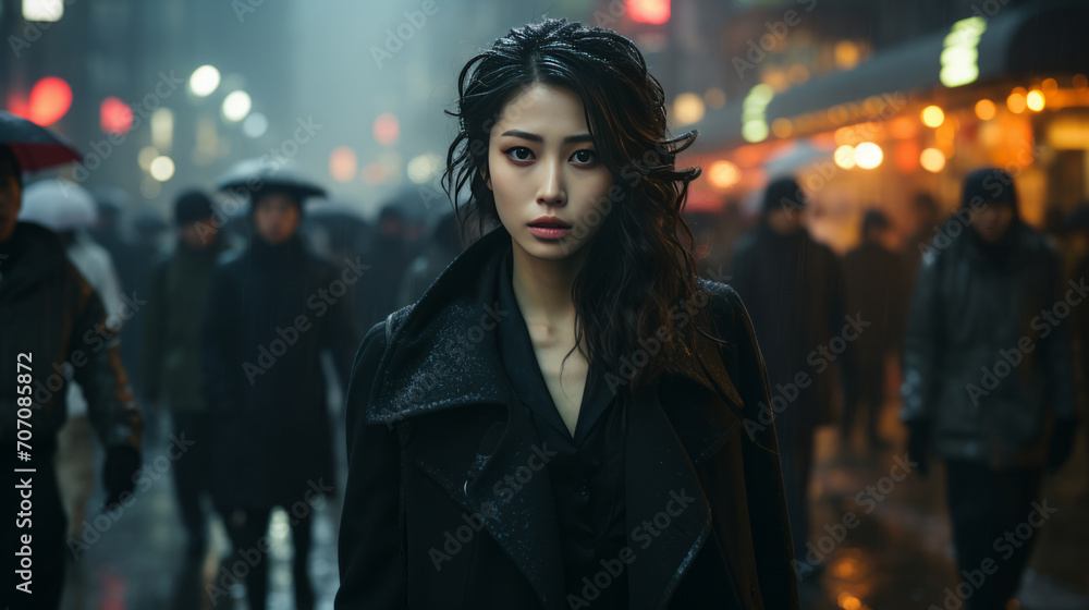 Fototapeta premium Asian woman, portrait and business with night, office and professional entrepreneur in building. Serious, looking and urban with modern female wearing a business suit for leadership and bokeh success
