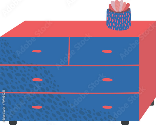Blue and red speckled dresser with a decorative plant pot on top. Modern furniture design and interior decoration vector illustration.