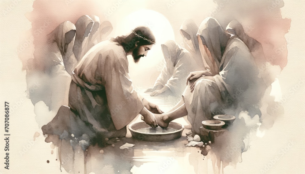 Washing of the Feet. Jesus. Maundy Holy Thursday. New Testament. Watercolor Biblical Illustration	 - obrazy, fototapety, plakaty 