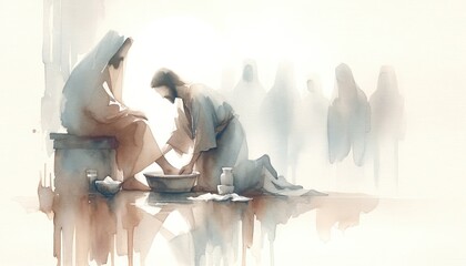 Washing of the Feet. Jesus. Maundy Holy Thursday. New Testament. Watercolor Biblical Illustration	